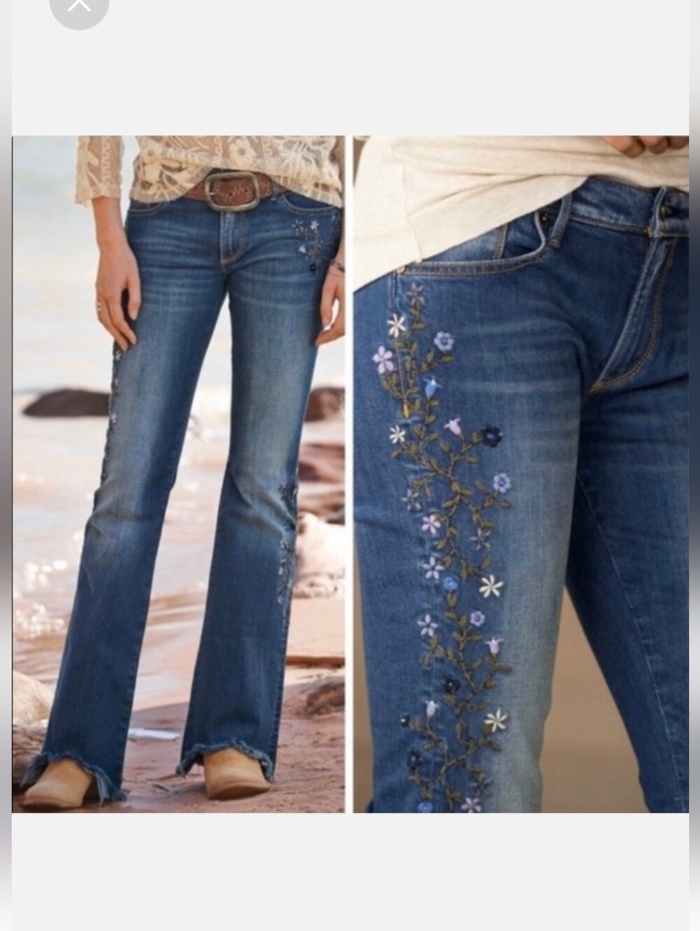 Sundance Driftwood EVA Embroidered Flare Boho Floral Flower Jeans 26